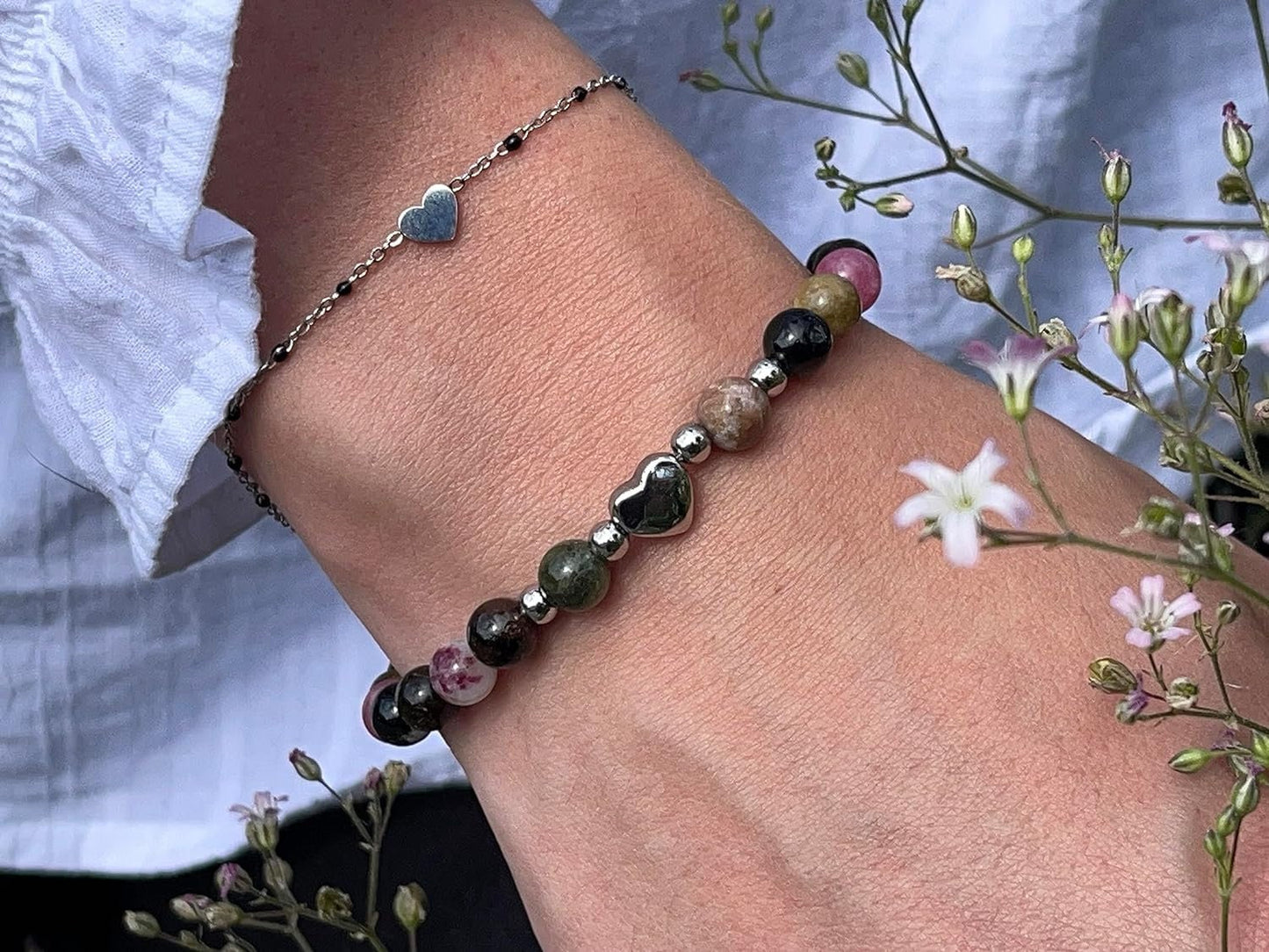 Armband Wassermelonen Turmalin Herz Edelstahl Silber - Perlenarmband Liebe Freude Verständnis - Spiritueller Schmuck Damen Mädchen