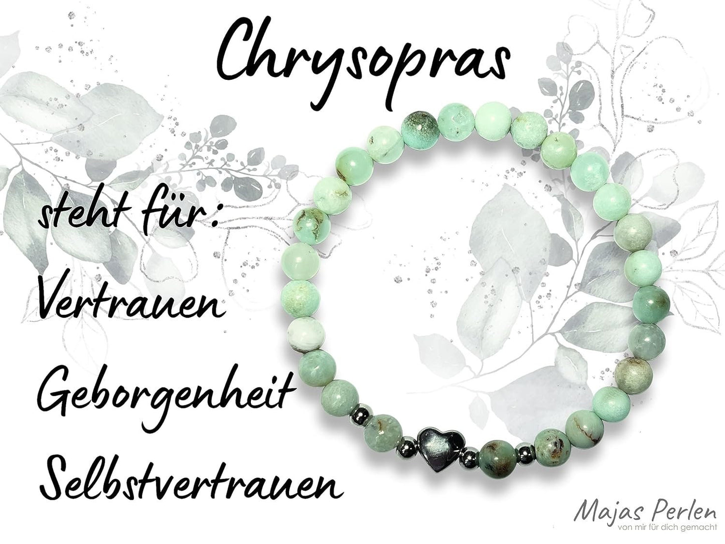 Armband Chrysopras Herz Edelstahl Silber - Perlenarmband Vertrauen Geborgenheit Selbstvertrauen - Spiritueller Schmuck Damen Mädchen