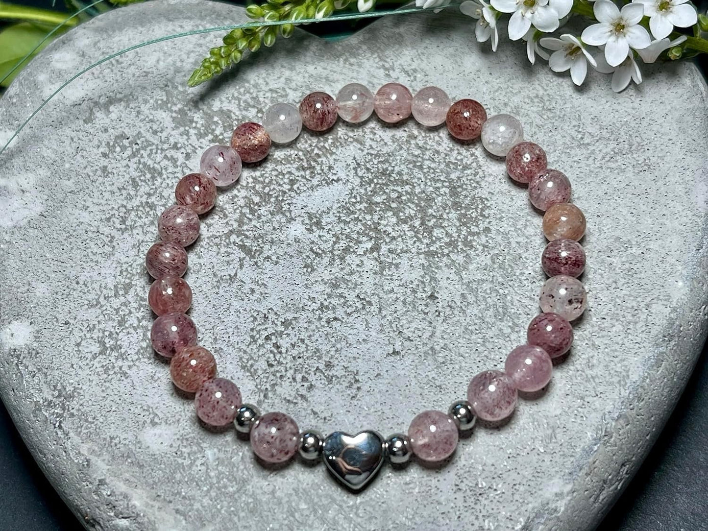 Armband Erdbeerquarz Herz Edelstahl Silber - Perlenarmband Konzentration Lebensfreude Humor - Spiritueller Schmuck Damen Mädchen