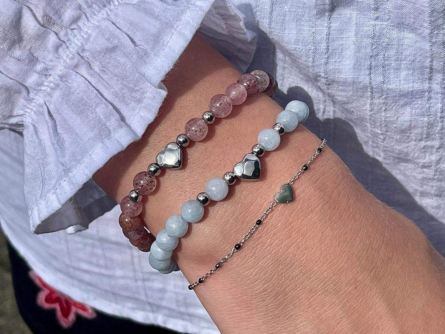 Armband Erdbeerquarz Herz Edelstahl Silber - Perlenarmband Konzentration Lebensfreude Humor - Spiritueller Schmuck Damen Mädchen
