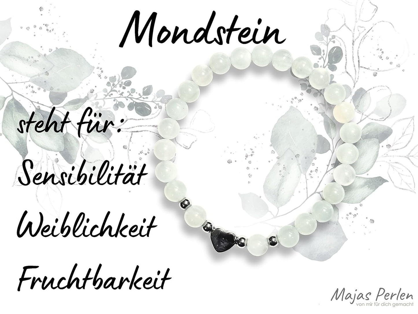 Armband Mondstein Herz Edelstahl Silber - Perlenarmband Sensibilität Fruchtbarkeit Weiblichkeit - Spiritueller Schmuck Damen Mädchen