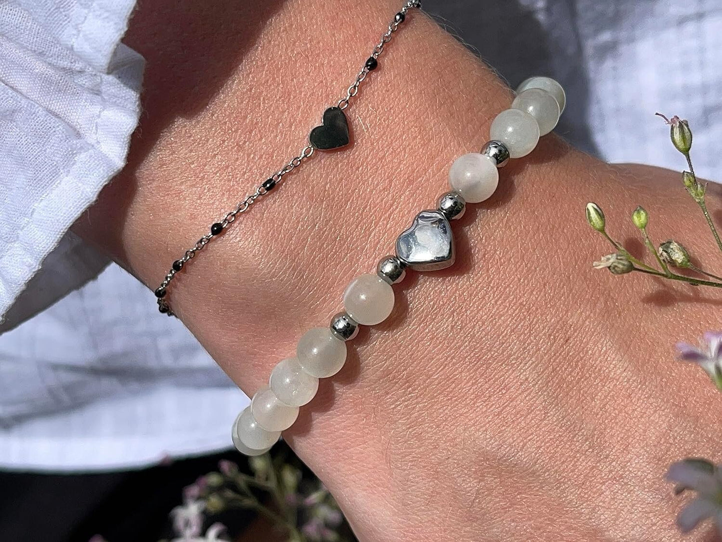 Armband Mondstein Herz Edelstahl Silber - Perlenarmband Sensibilität Fruchtbarkeit Weiblichkeit - Spiritueller Schmuck Damen Mädchen