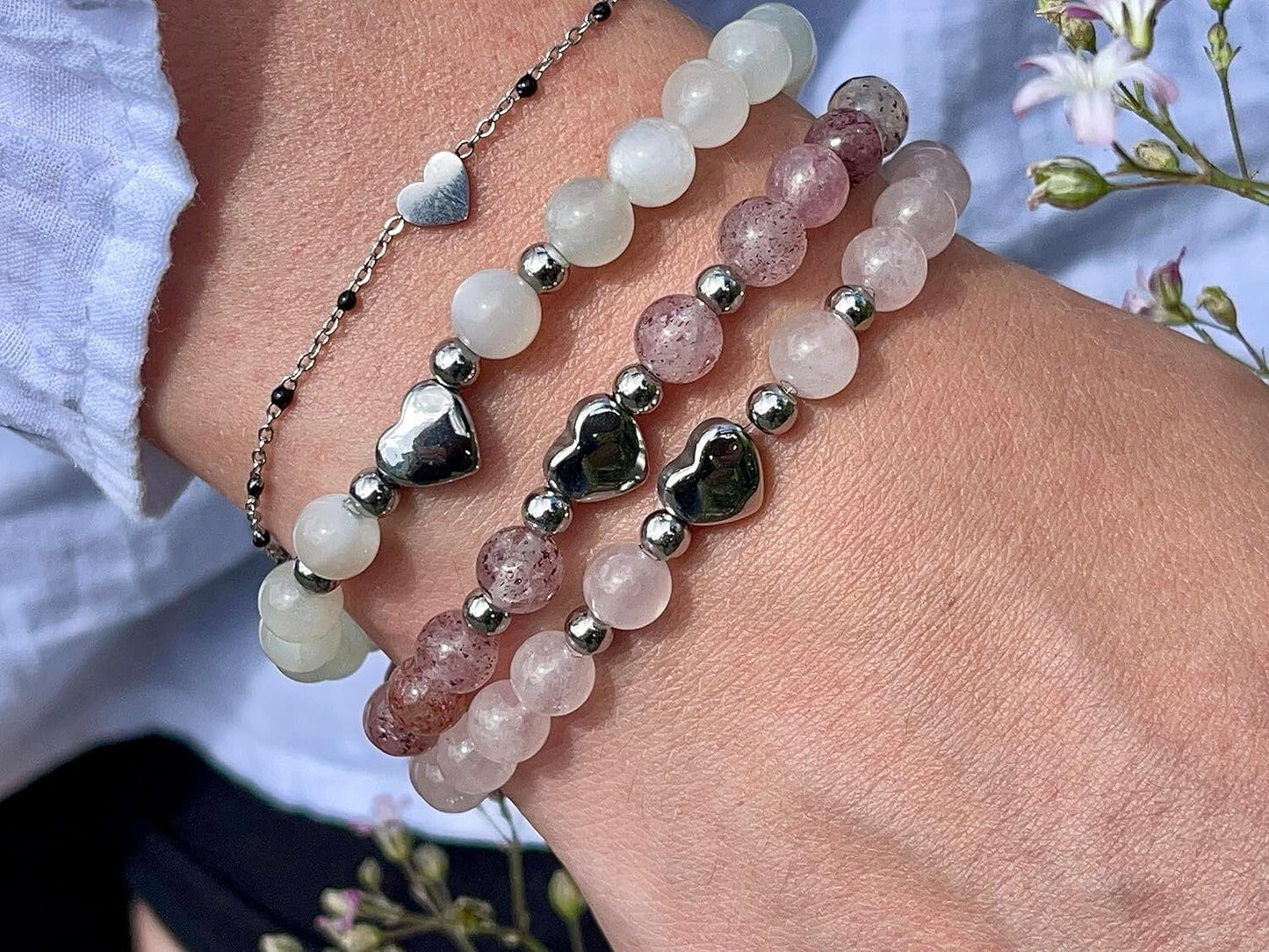 Armband Mondstein Herz Edelstahl Silber - Perlenarmband Sensibilität Fruchtbarkeit Weiblichkeit - Spiritueller Schmuck Damen Mädchen
