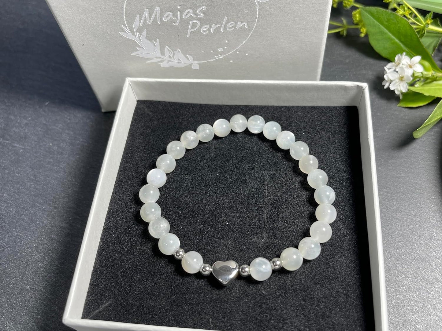 Armband Mondstein Herz Edelstahl Silber - Perlenarmband Sensibilität Fruchtbarkeit Weiblichkeit - Spiritueller Schmuck Damen Mädchen