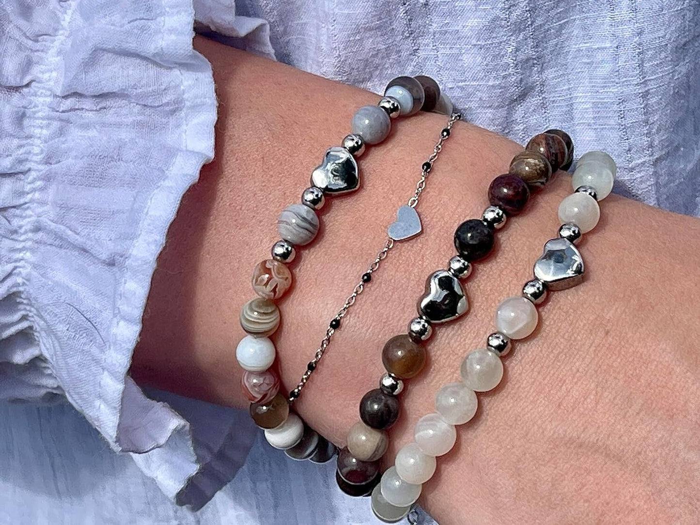 Armband Mondstein Herz Edelstahl Silber - Perlenarmband Sensibilität Fruchtbarkeit Weiblichkeit - Spiritueller Schmuck Damen Mädchen