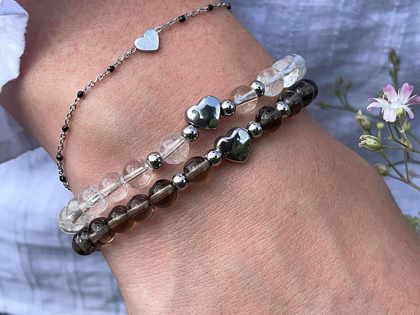 Armband Rauchquarz Herz Edelstahl Silber - Perlenarmband Kraft Lebensfreude positive Gedanken - Spiritueller Schmuck Damen Mädchen