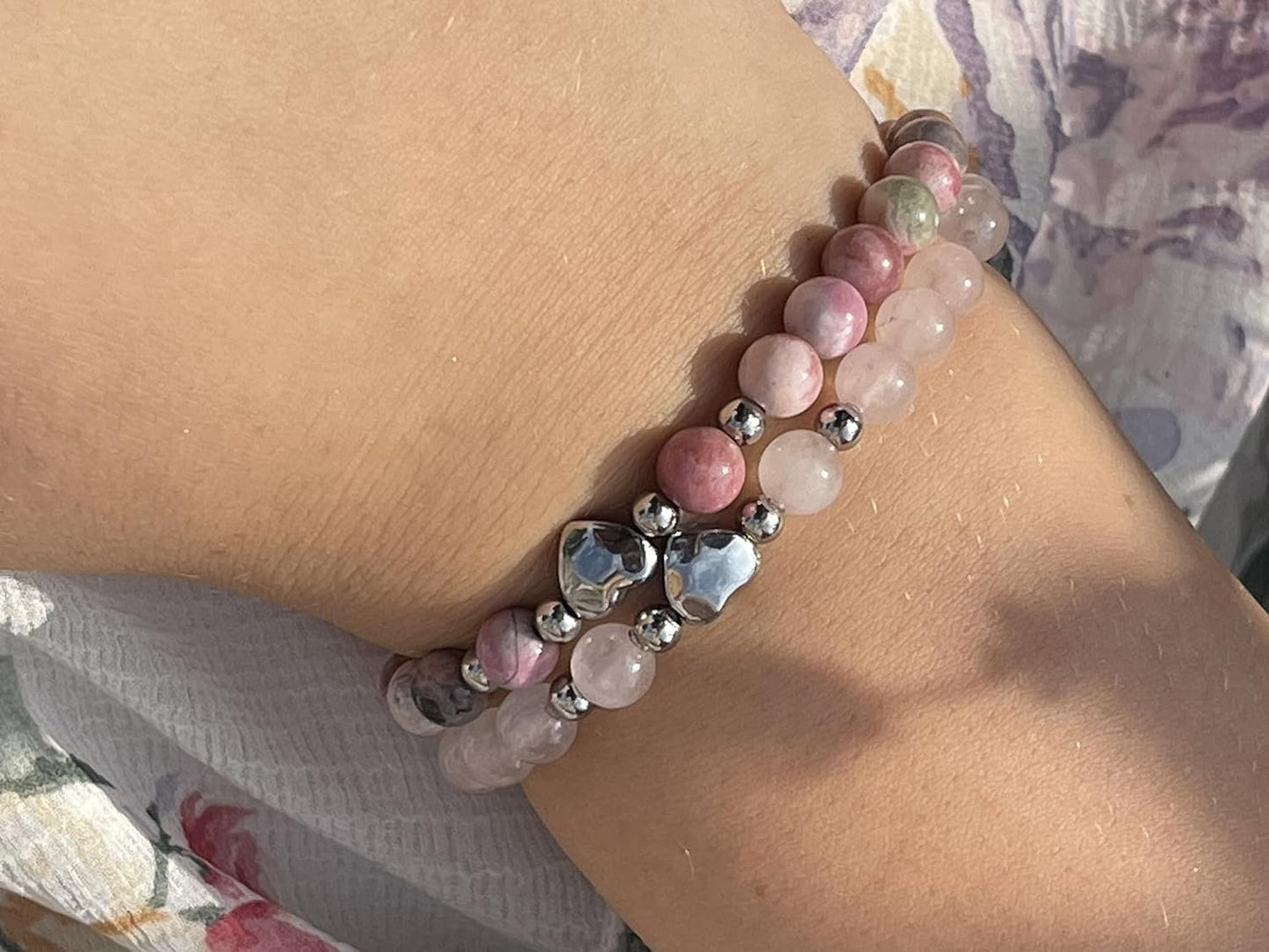 Armband Rhodonit Herz Edelstahl Silber - Perlenarmband Verzeihen Begeisterung Optimismus - Spiritueller Schmuck Damen Mädchen