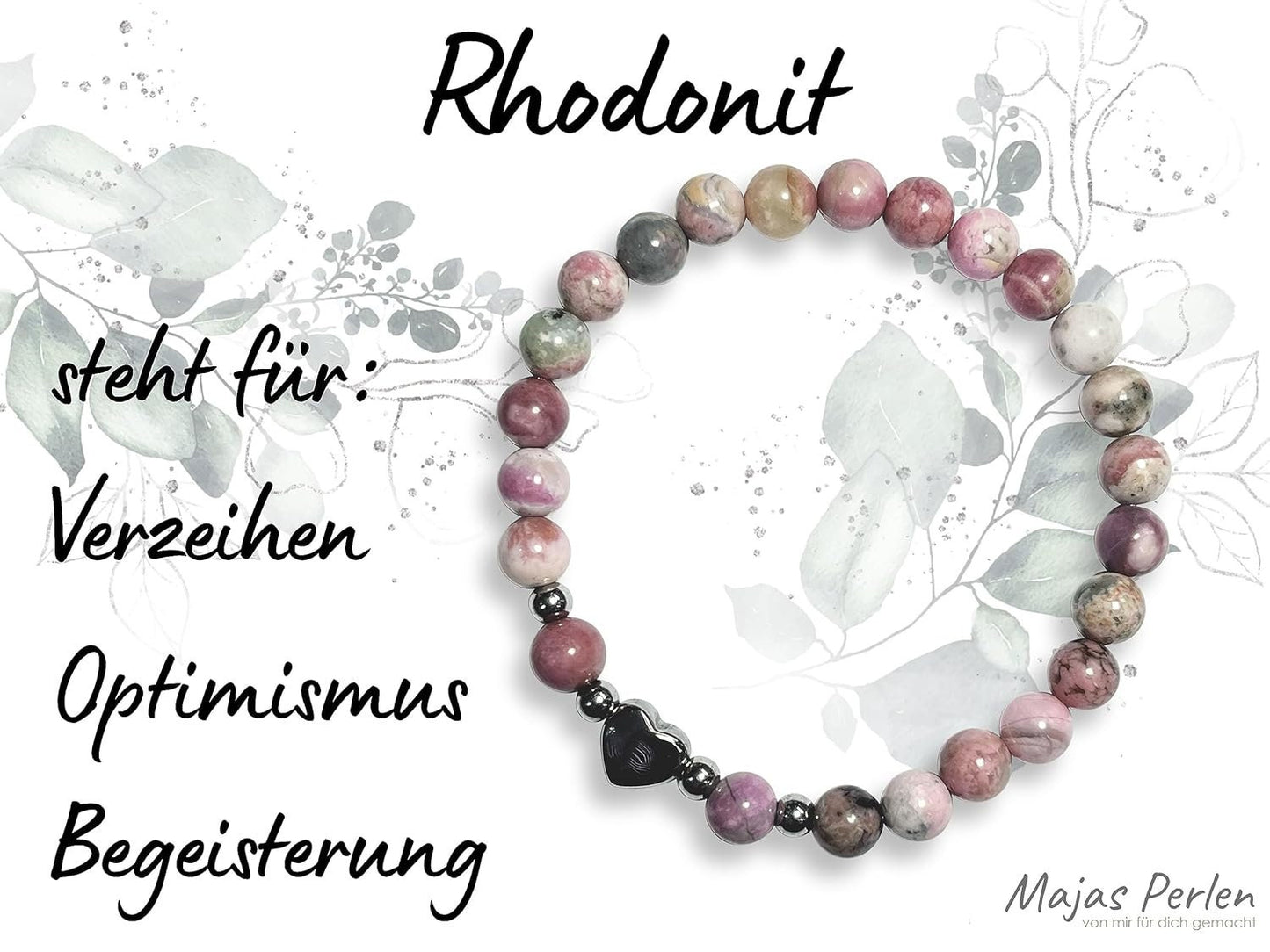 Armband Rhodonit Herz Edelstahl Silber - Perlenarmband Verzeihen Begeisterung Optimismus - Spiritueller Schmuck Damen Mädchen