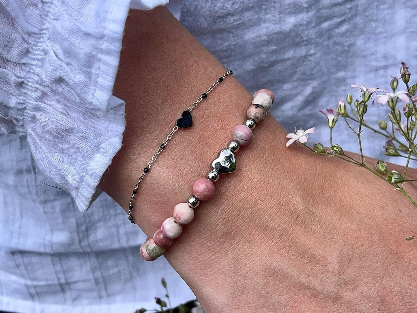 Armband Rhodonit Herz Edelstahl Silber - Perlenarmband Verzeihen Begeisterung Optimismus - Spiritueller Schmuck Damen Mädchen