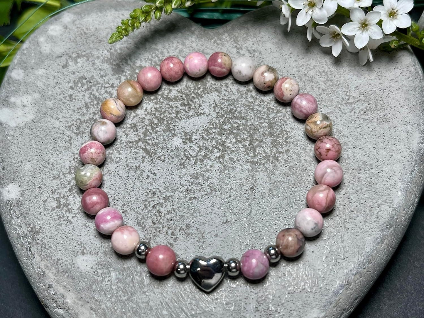 Armband Rhodonit Herz Edelstahl Silber - Perlenarmband Verzeihen Begeisterung Optimismus - Spiritueller Schmuck Damen Mädchen