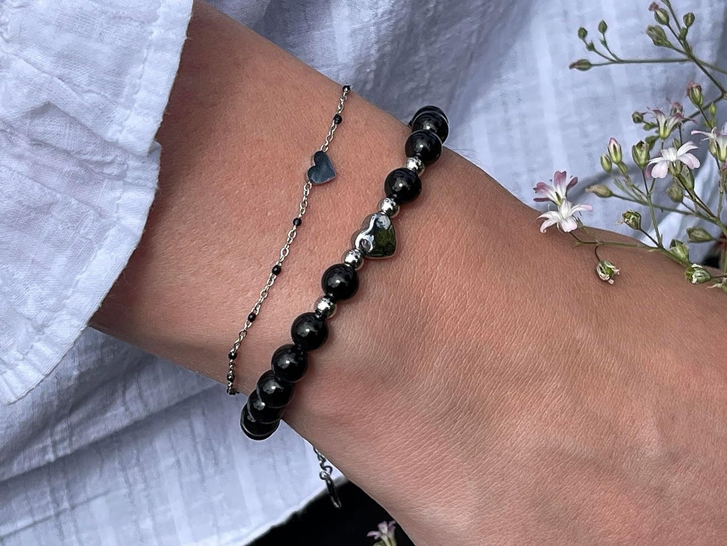 Armband Turmalin Herz Edelstahl Silber - Perlenarmband stärkster Schutzstein Kraft Stärke - Spiritueller Schmuck Damen Mädchen