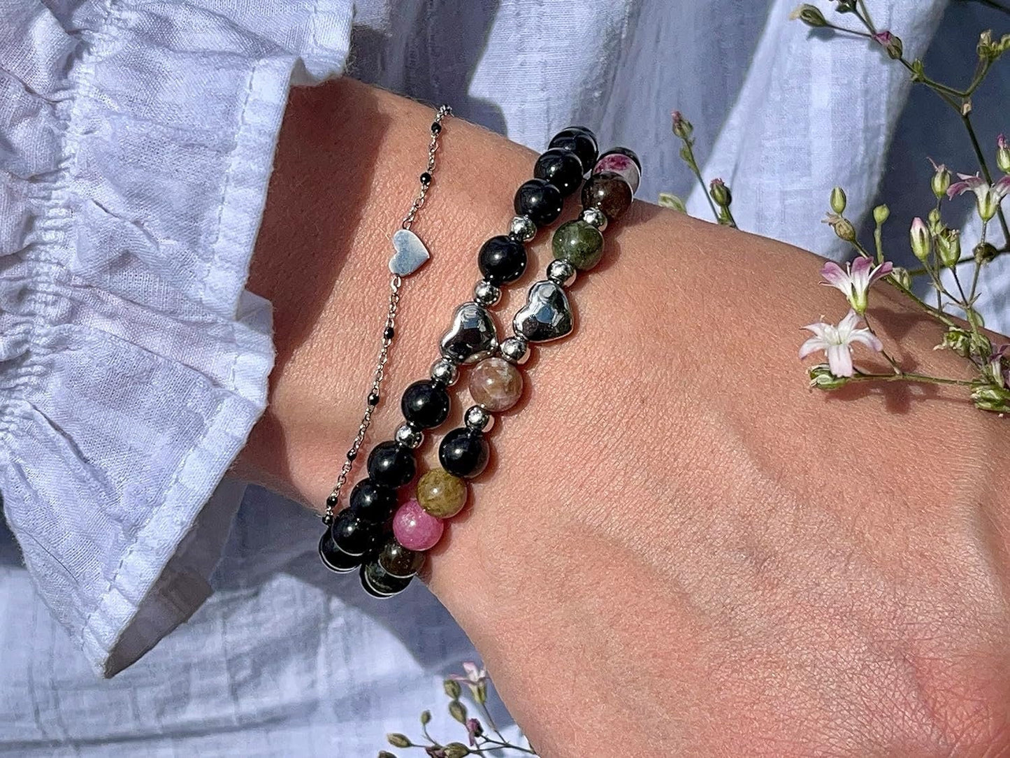 Armband Turmalin Herz Edelstahl Silber - Perlenarmband stärkster Schutzstein Kraft Stärke - Spiritueller Schmuck Damen Mädchen