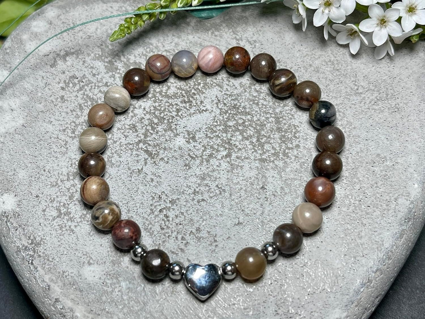 Armband Versteinertes Holz Herz Edelstahl Silber - Perlenarmband Kraft Lebensfreude Erdung Erholung - Spiritueller Schmuck Damen Mädchen