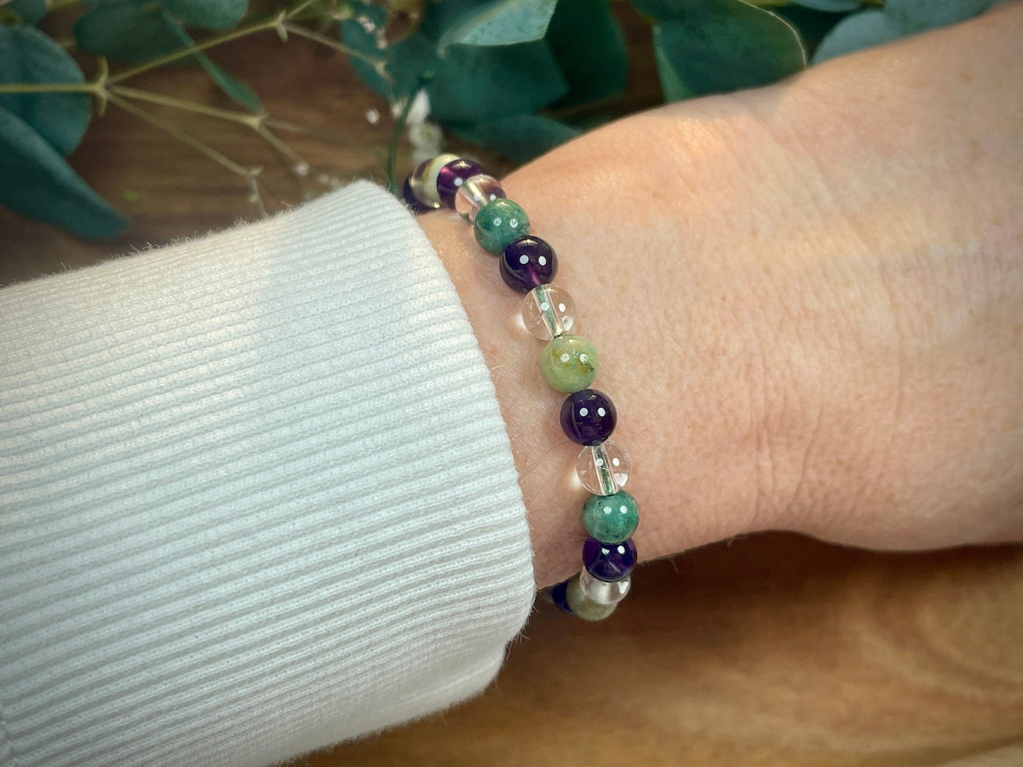 Armband Amethyst Bergkristall Chrysokoll Makramee - spirituelles Perlenarmband innere Ruhe Kommunikation Klarheit - esoterisches Geschenk
