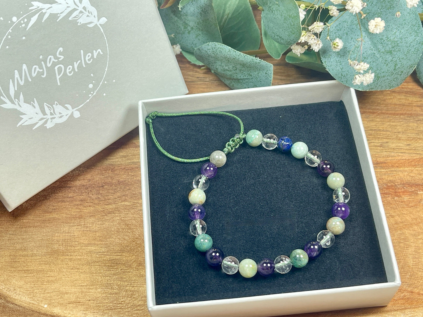 Armband Amethyst Bergkristall Chrysokoll Makramee - spirituelles Perlenarmband innere Ruhe Kommunikation Klarheit - esoterisches Geschenk