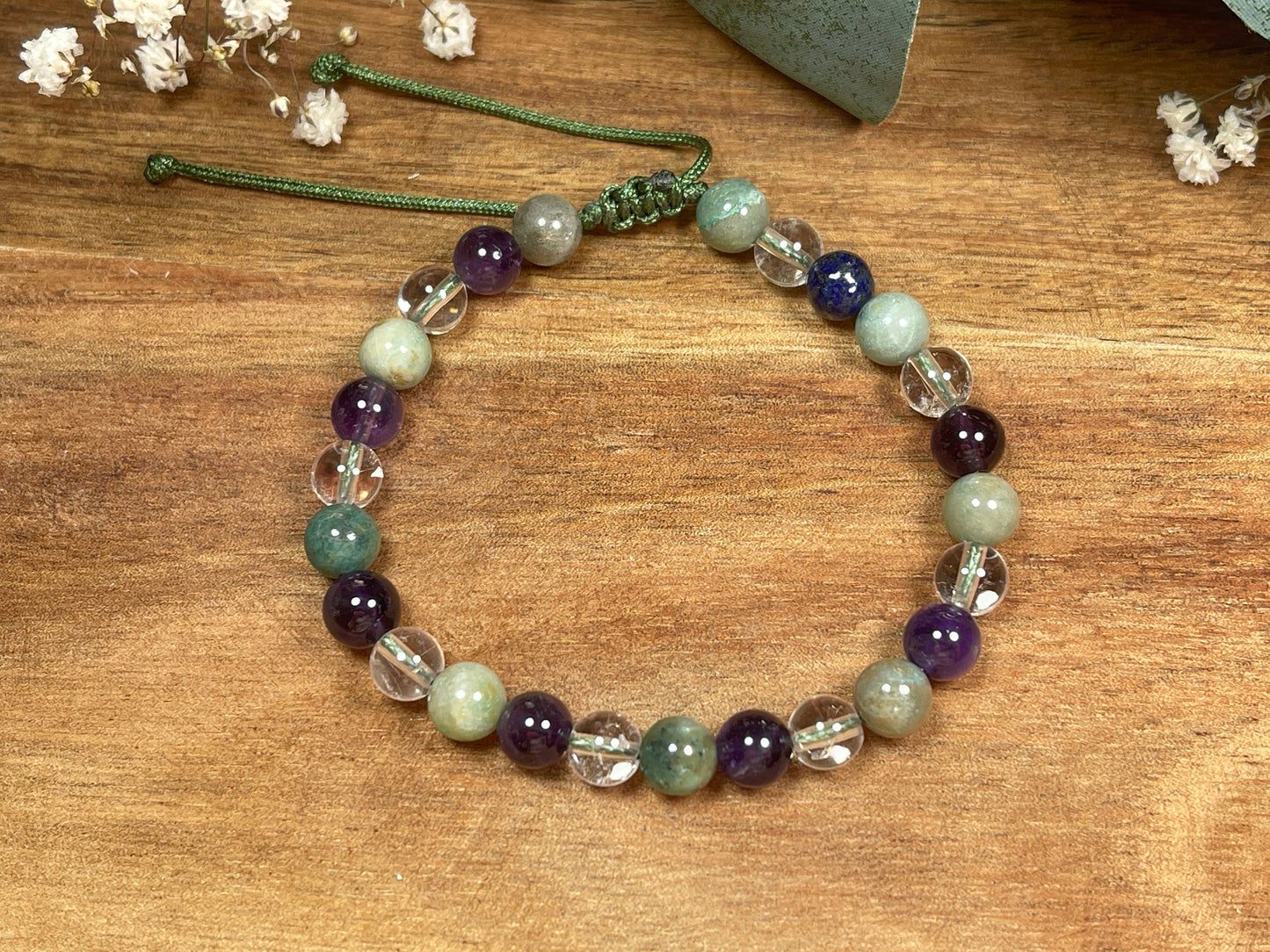 Armband Amethyst Bergkristall Chrysokoll Makramee - spirituelles Perlenarmband innere Ruhe Kommunikation Klarheit - esoterisches Geschenk