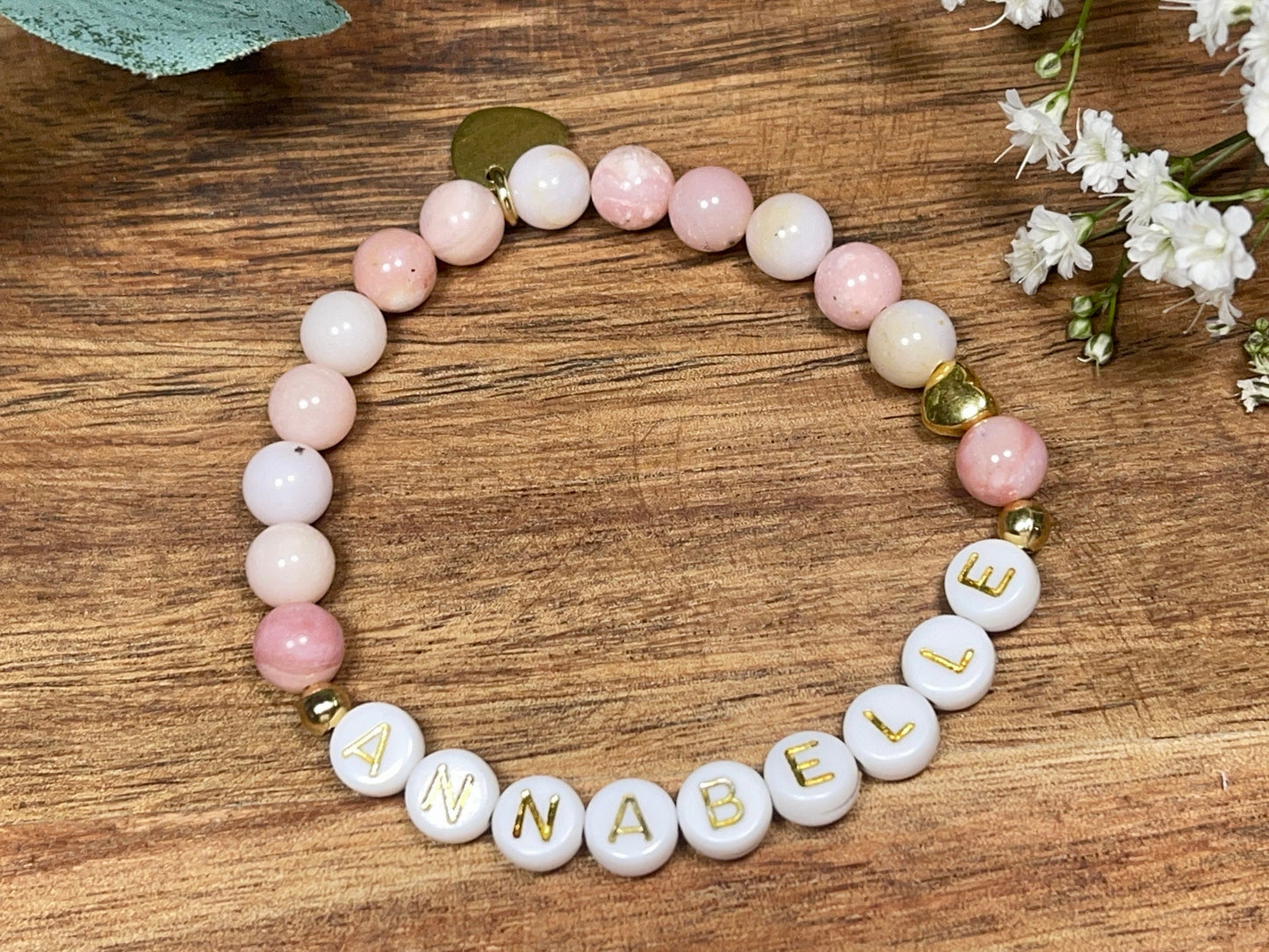 Armband mit Namen Rosa Opal - Kindernamen - Herz DQ Metall Gold - Geschenk für Mama Lieblingsmensch Beste Freundin - pesonalisierbar