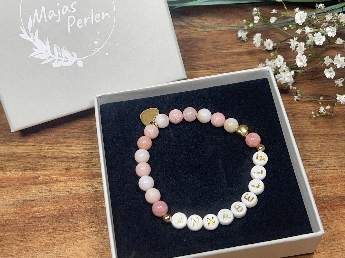 Armband mit Namen Rosa Opal - Kindernamen - Herz DQ Metall Gold - Geschenk für Mama Lieblingsmensch Beste Freundin - pesonalisierbar