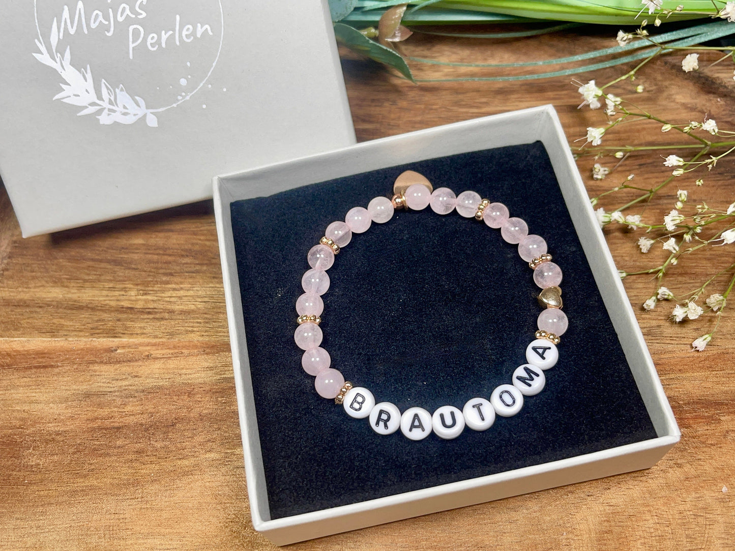 Perlenarmband Brautoma Rosenquarz echter Naturstein Herz Roségold - Geschenk Braut Trauzeugin Erinnerungsarmband Hochzeit personalisierbar