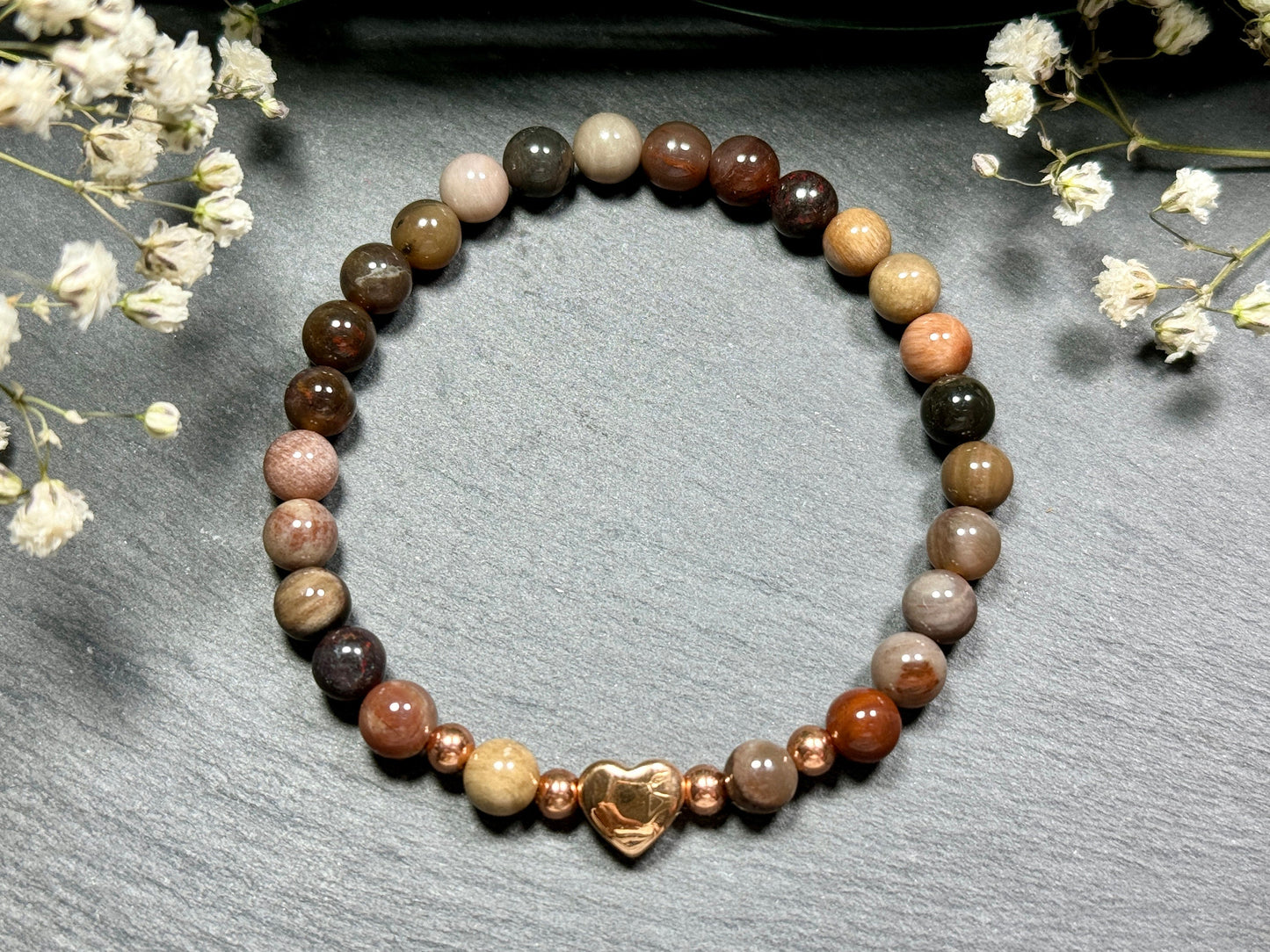 Armband Versteinertes Holz Herz Edelstahl Roségold - Perlenarmband Kraft Lebensfreude Erdung Erholung - Spiritueller Schmuck Damen Mädchen