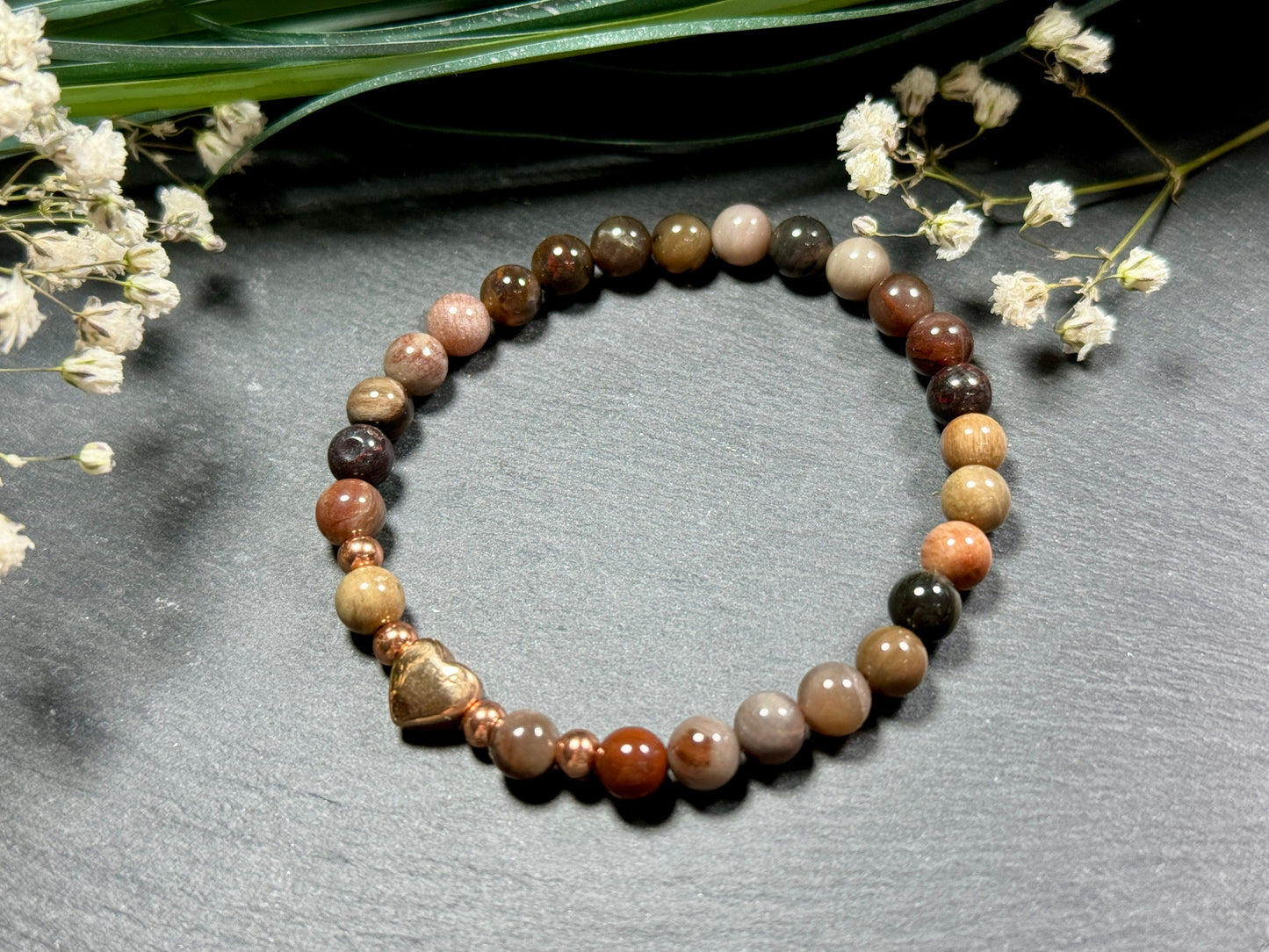 Armband Versteinertes Holz Herz Edelstahl Roségold - Perlenarmband Kraft Lebensfreude Erdung Erholung - Spiritueller Schmuck Damen Mädchen