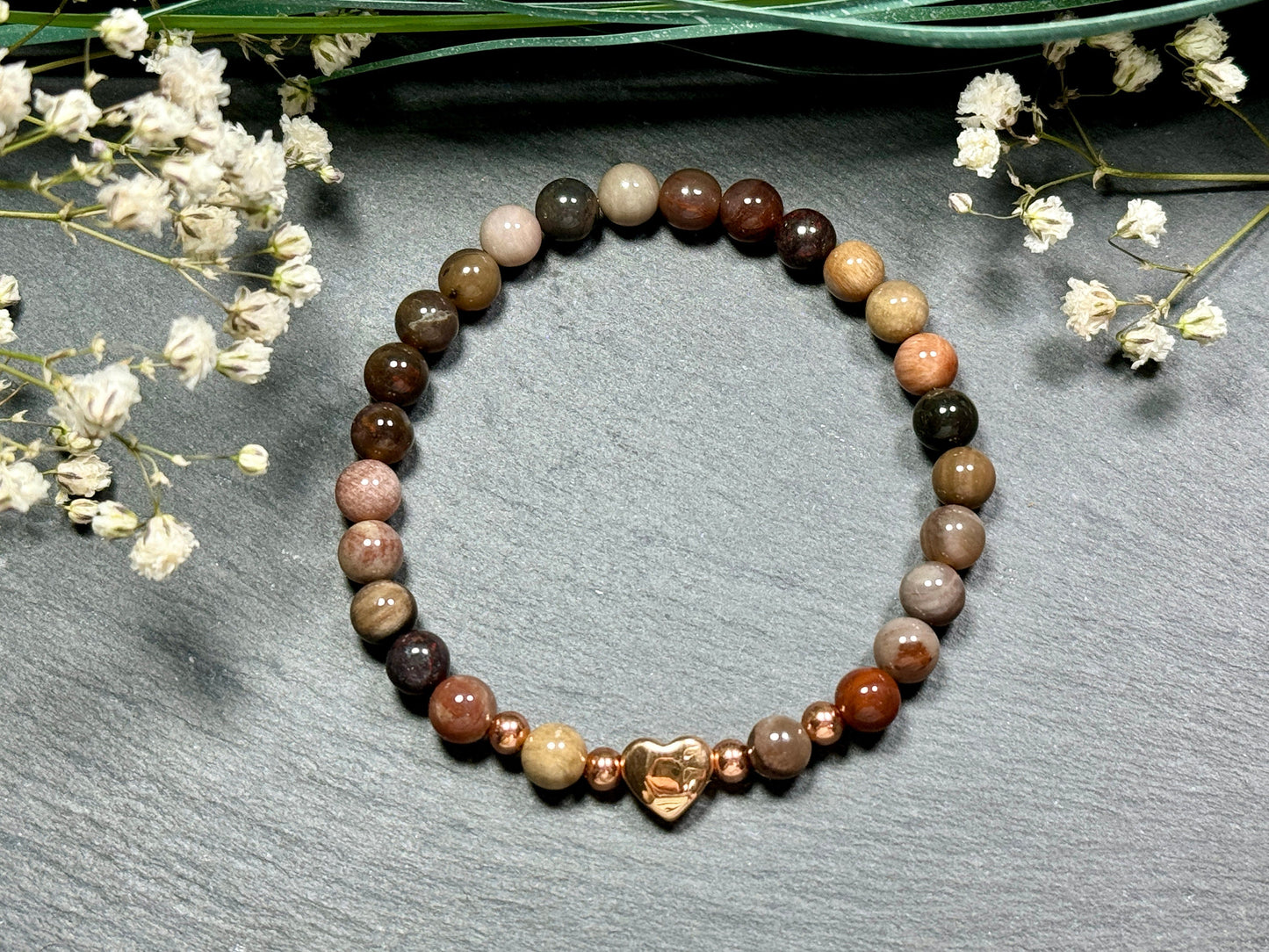 Armband Versteinertes Holz Herz Edelstahl Roségold - Perlenarmband Kraft Lebensfreude Erdung Erholung - Spiritueller Schmuck Damen Mädchen