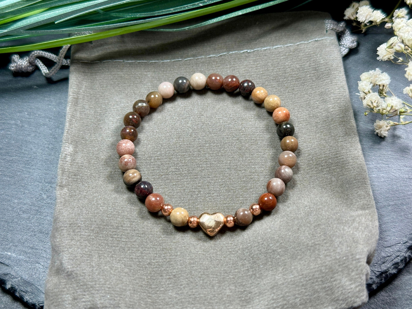 Armband Versteinertes Holz Herz Edelstahl Roségold - Perlenarmband Kraft Lebensfreude Erdung Erholung - Spiritueller Schmuck Damen Mädchen