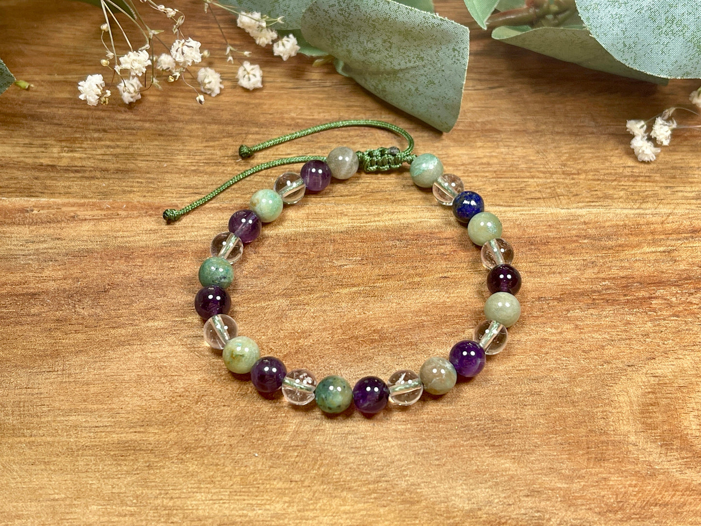 Armband Amethyst Bergkristall Chrysokoll Makramee - spirituelles Perlenarmband innere Ruhe Kommunikation Klarheit - esoterisches Geschenk