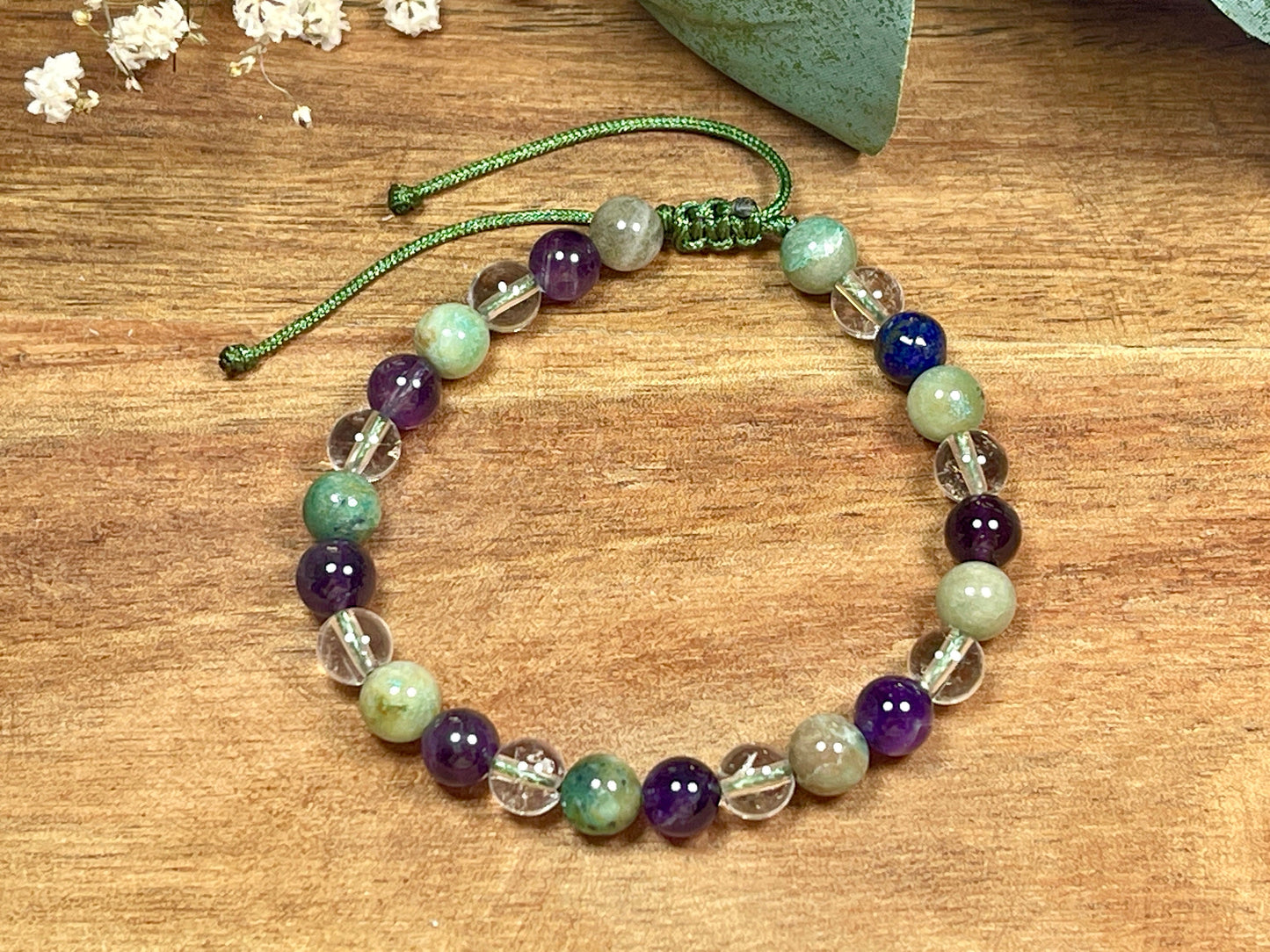 Armband Amethyst Bergkristall Chrysokoll Makramee - spirituelles Perlenarmband innere Ruhe Kommunikation Klarheit - esoterisches Geschenk