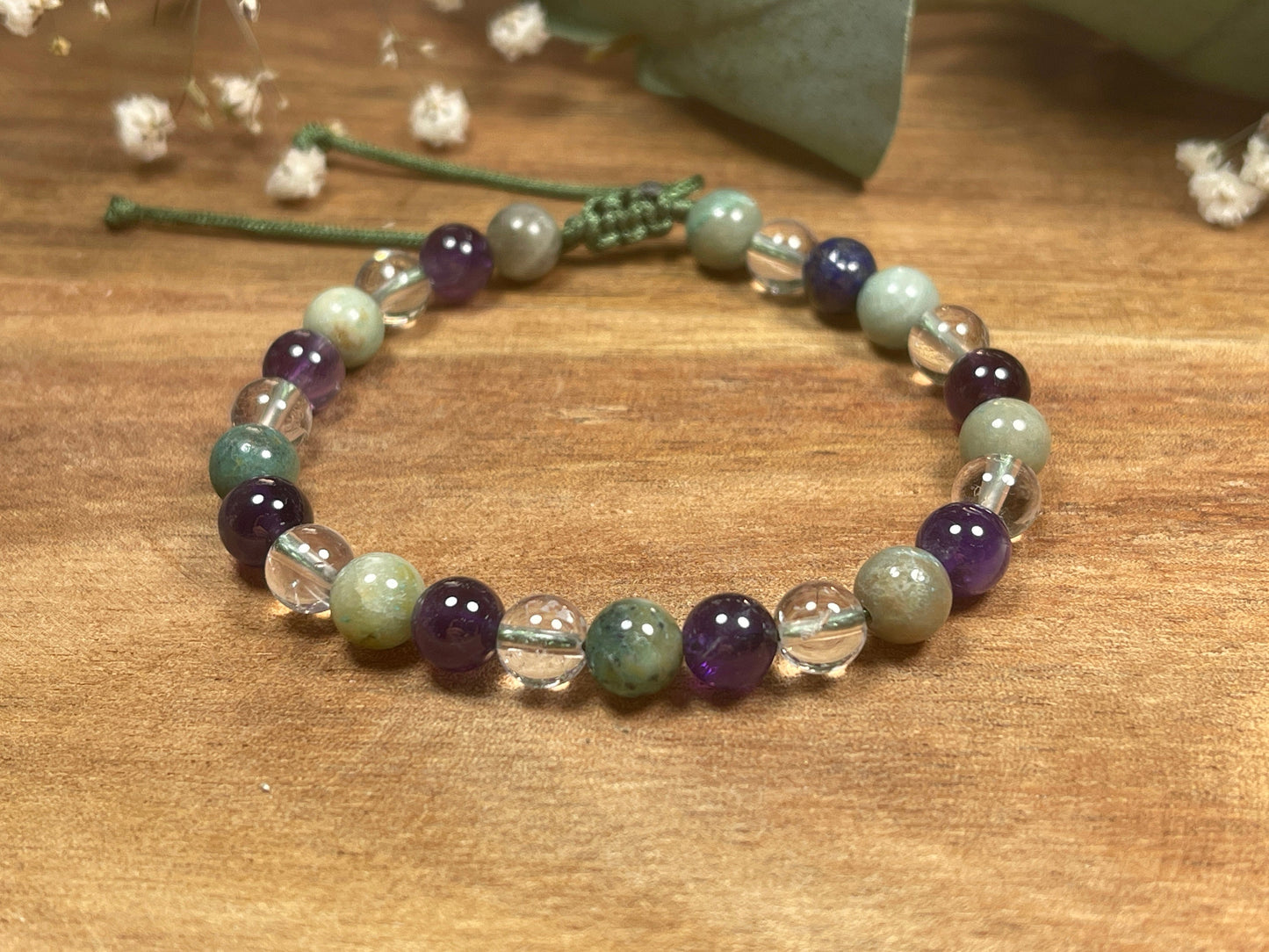 Armband Amethyst Bergkristall Chrysokoll Makramee - spirituelles Perlenarmband innere Ruhe Kommunikation Klarheit - esoterisches Geschenk