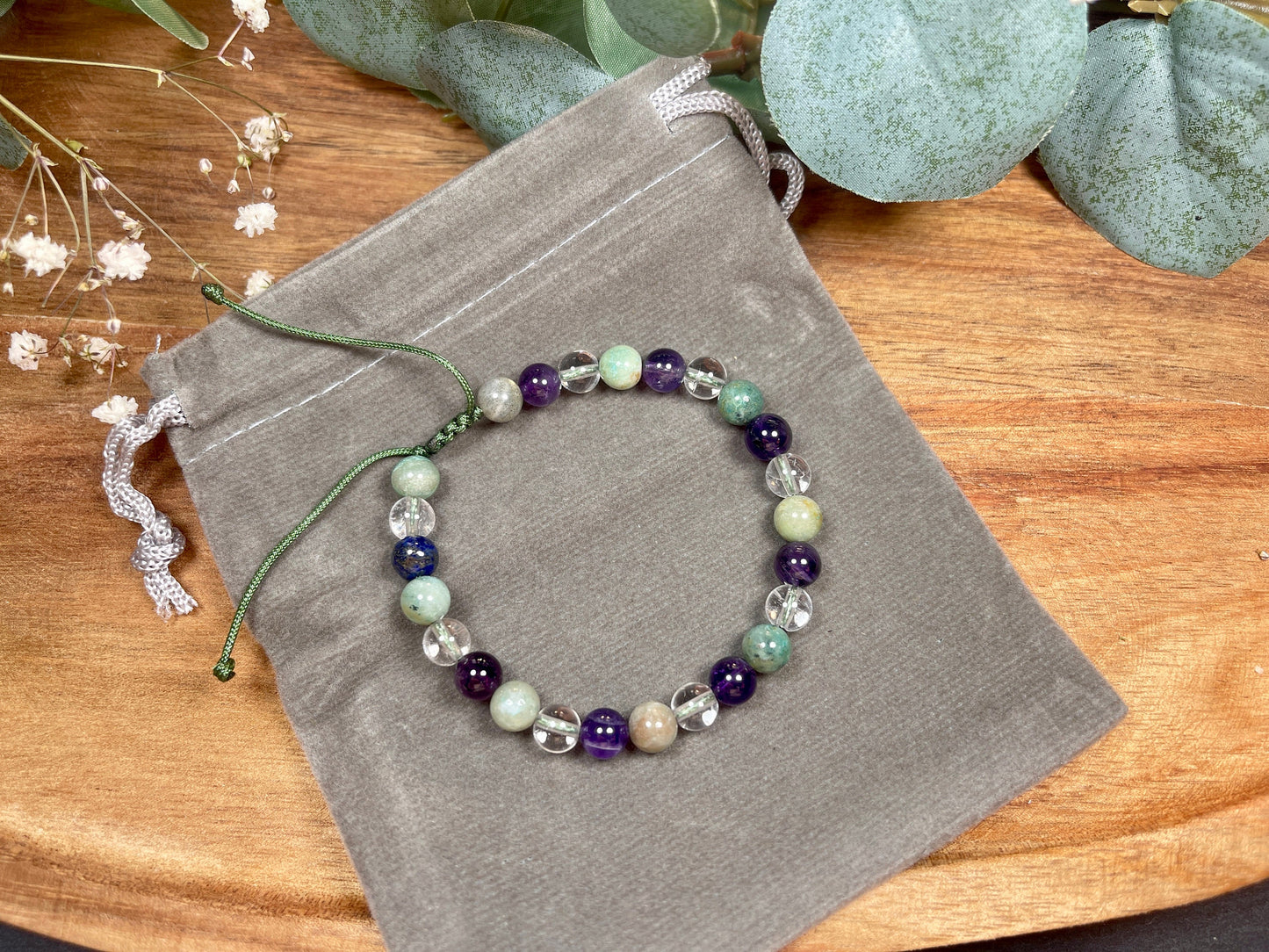 Armband Amethyst Bergkristall Chrysokoll Makramee - spirituelles Perlenarmband innere Ruhe Kommunikation Klarheit - esoterisches Geschenk