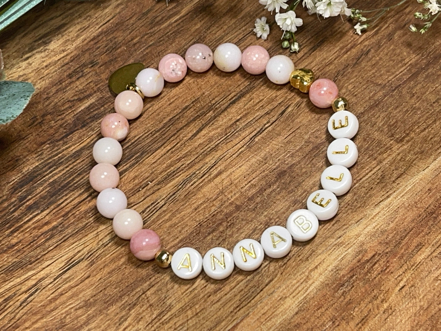 Armband mit Namen Rosa Opal - Kindernamen - Herz DQ Metall Gold - Geschenk für Mama Lieblingsmensch Beste Freundin - pesonalisierbar