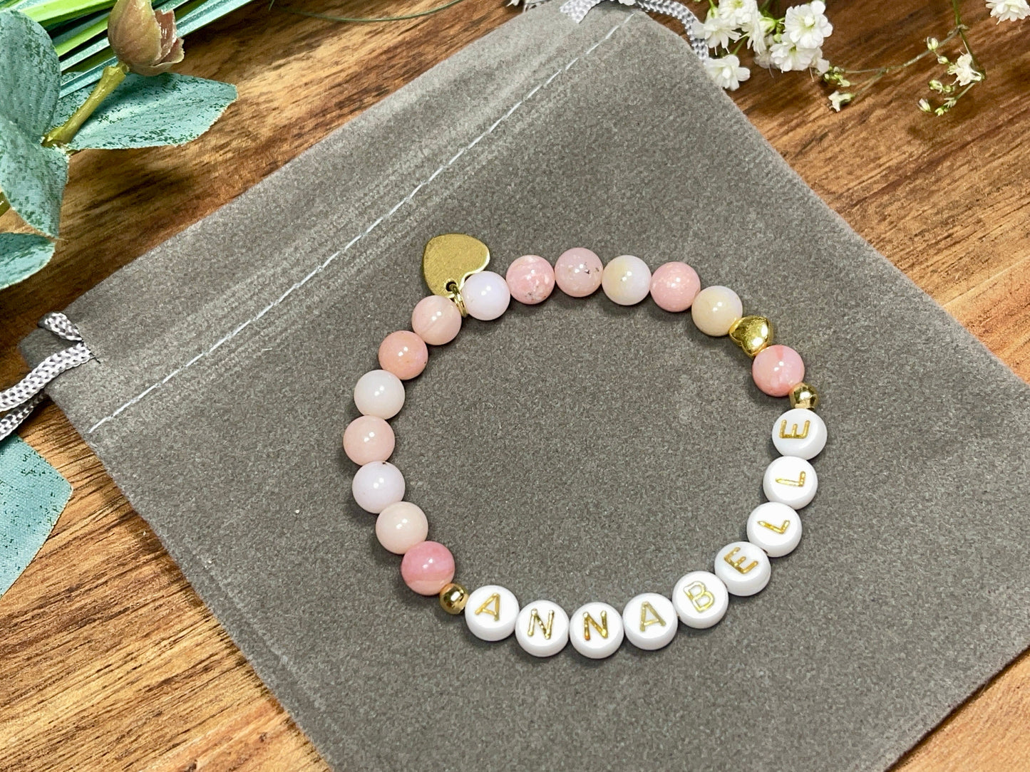 Armband mit Namen Rosa Opal - Kindernamen - Herz DQ Metall Gold - Geschenk für Mama Lieblingsmensch Beste Freundin - pesonalisierbar