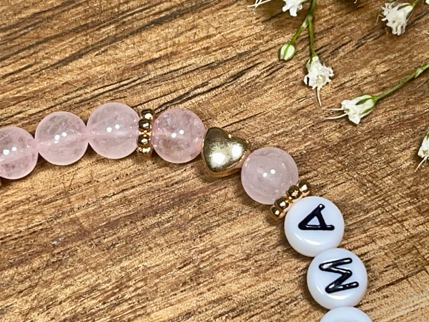 Perlenarmband Brautoma Rosenquarz echter Naturstein Herz Roségold - Geschenk Braut Trauzeugin Erinnerungsarmband Hochzeit personalisierbar