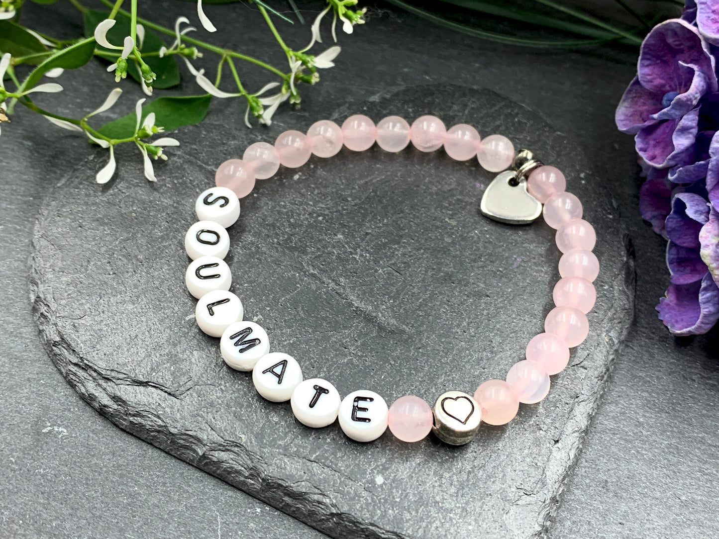 Rosenquarz Armband Soulmate, Herzperle DQ Metall, Namensarmband Herzensmensch, Geschenk Freundschaft