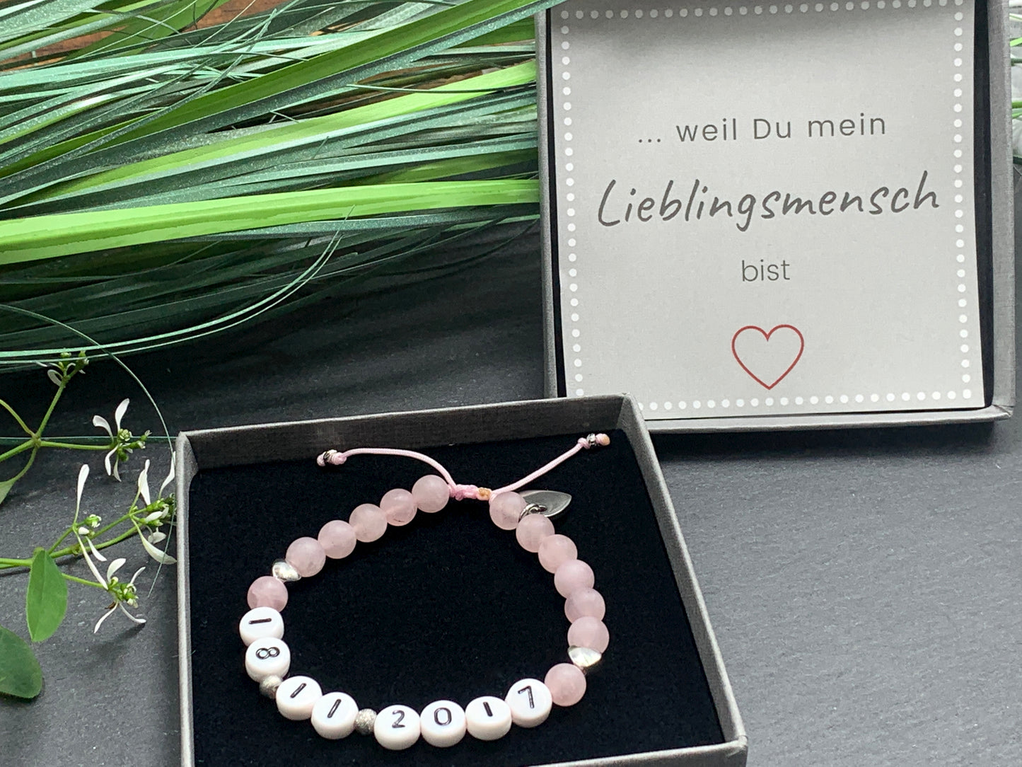 Armband Rosenquarz Datum Makramee, Freundschaftsarmband, Geschenk Liebe