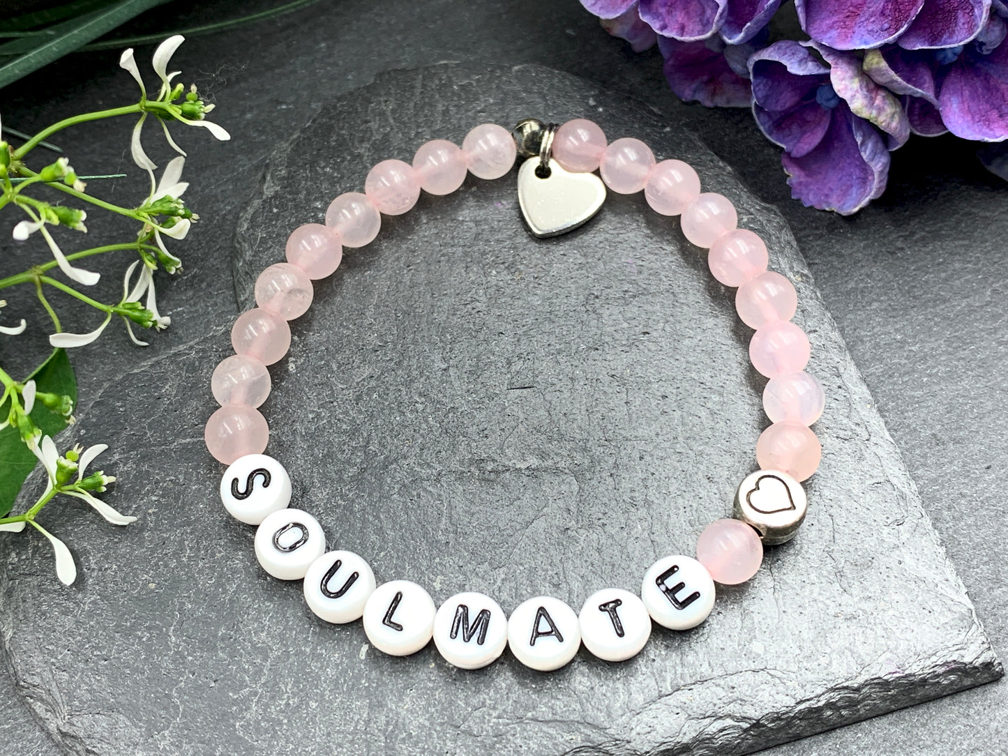Rosenquarz Armband Soulmate, Herzperle DQ Metall, Namensarmband Herzensmensch, Geschenk Freundschaft