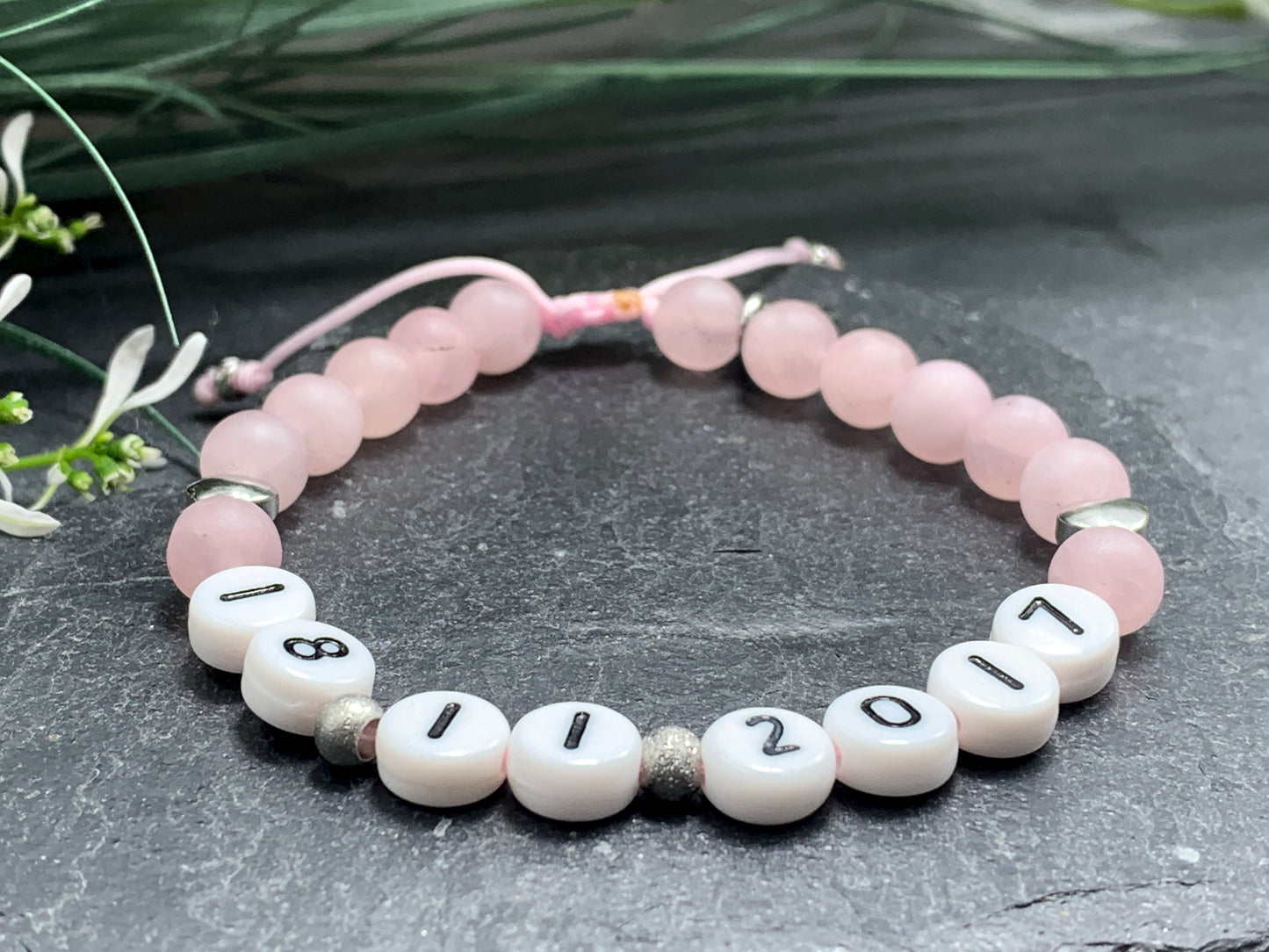 Armband Rosenquarz Datum Makramee, Freundschaftsarmband, Geschenk Liebe