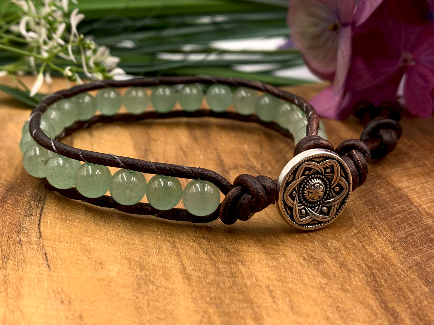 Bohoarmband Aventurin, Aventurinarmband mit Leder, Geschenk Freundin, Geburtsstein Widder