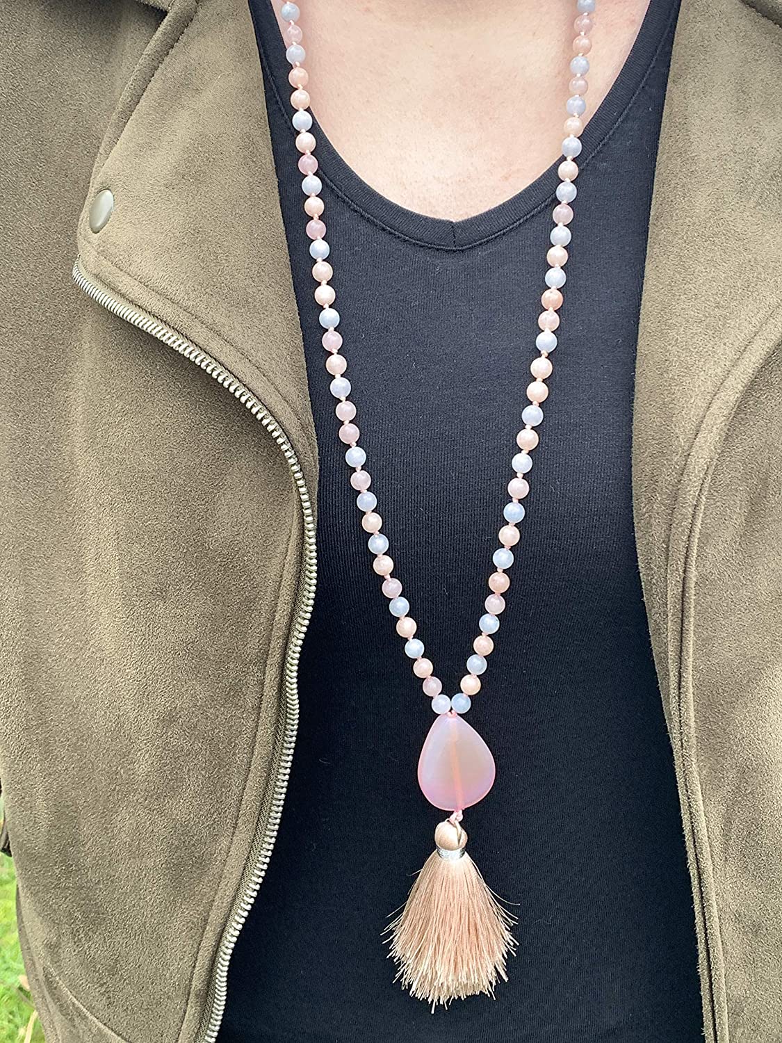 Malakette Morganit handgeknotet - Meditationskette 108 Perlen Halskette - Gebetskette Yoga - Handmade personalisierbar