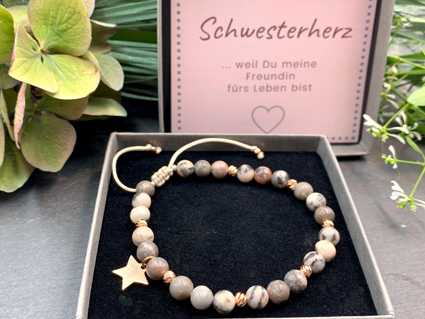 Armband Zebra Jaspis, Facettenperlen 18k Rosegold plated, Makramee