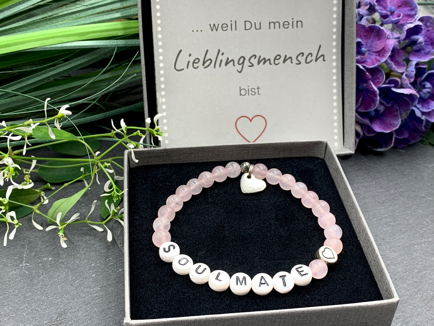 Rosenquarz Armband Soulmate, Herzperle DQ Metall, Namensarmband Herzensmensch, Geschenk Freundschaft