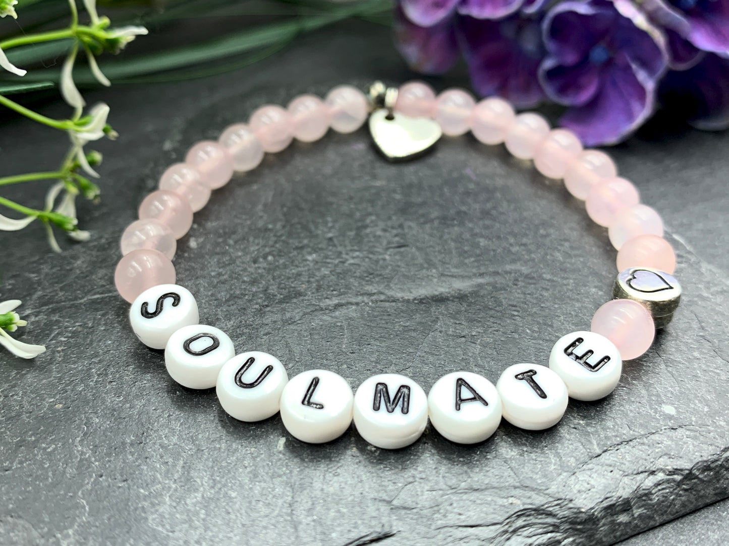 Rosenquarz Armband Soulmate, Herzperle DQ Metall, Namensarmband Herzensmensch, Geschenk Freundschaft