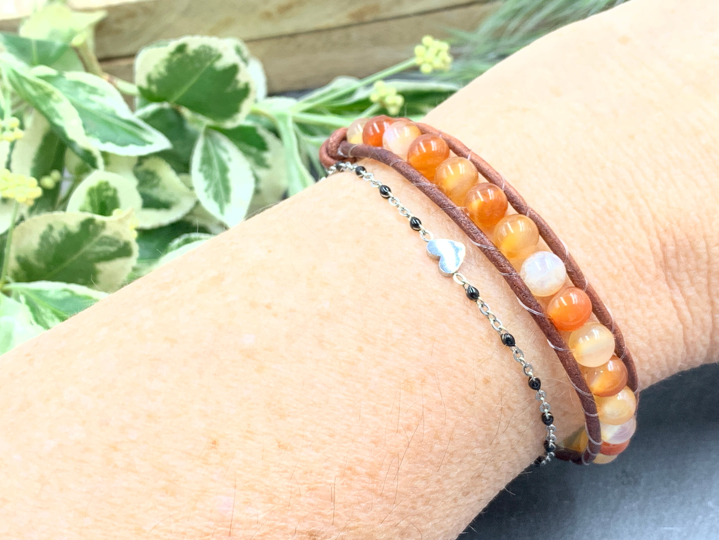 Wickelarmband Karneol - Bohoarmband gewickelt - lässiges Perlenarmband Vintage Style - Handmade personalisierbar