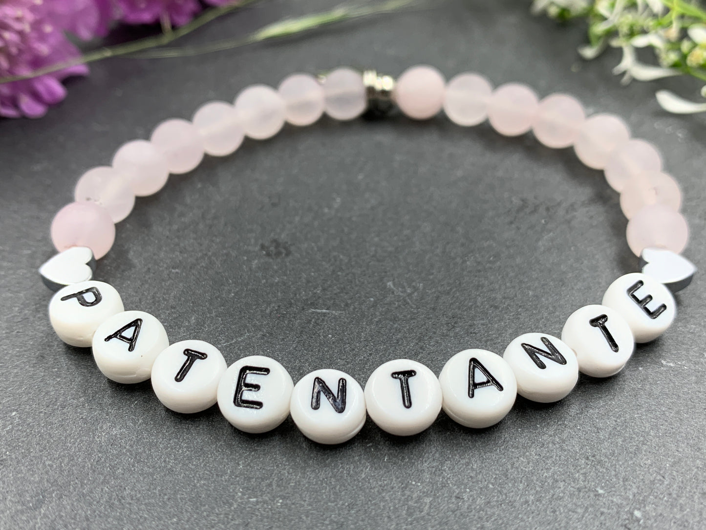 Armband Patentante Rosenquarz mit Herz - Geschenk Patin Taufe Andenken Taufe Taufgeschenk Perlenarmband Patenschaft - personalisierbar