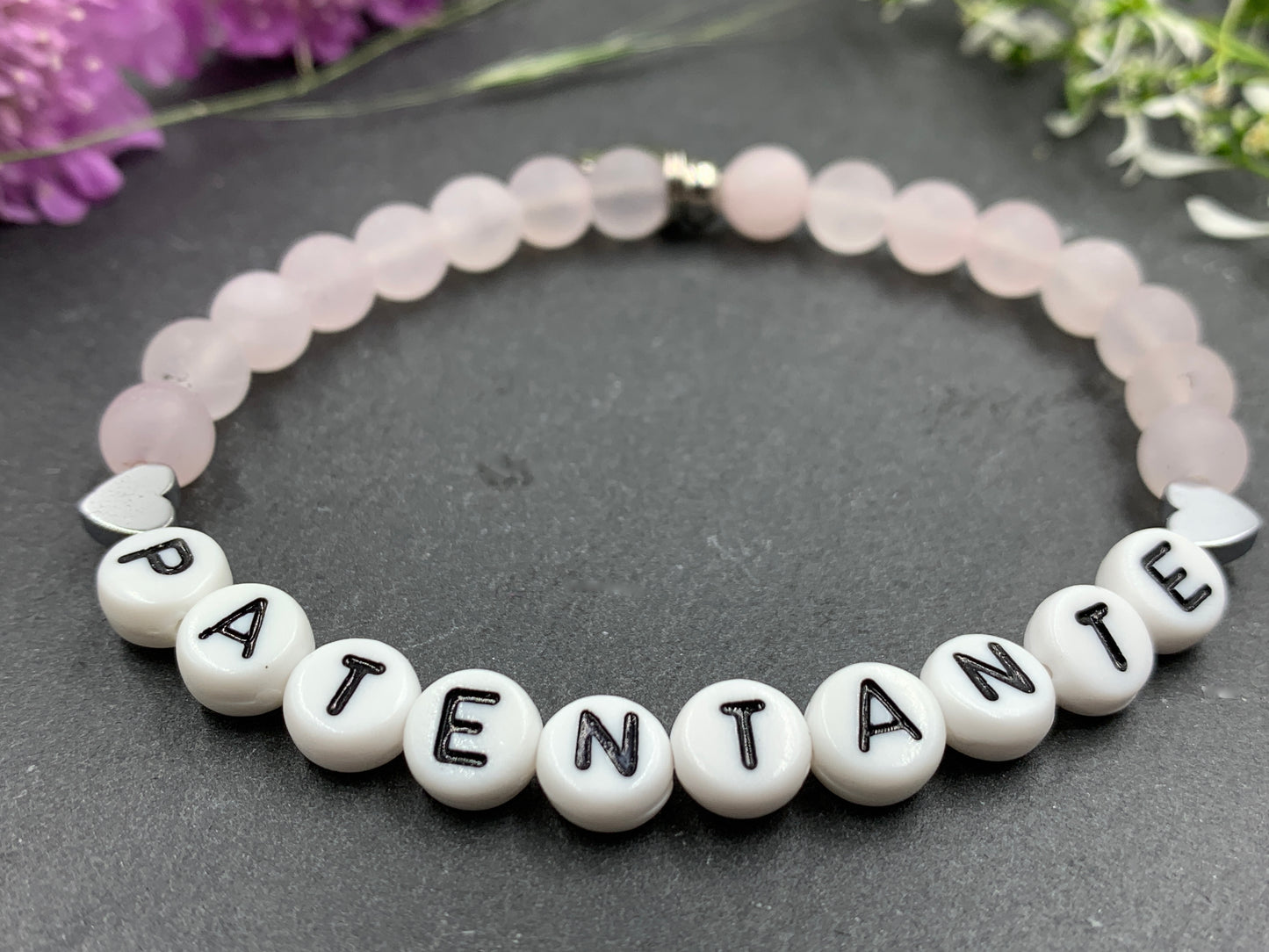 Armband Patentante Rosenquarz mit Herz - Geschenk Patin Taufe Andenken Taufe Taufgeschenk Perlenarmband Patenschaft - personalisierbar