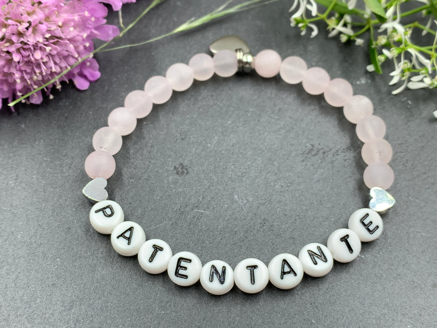Armband Patentante Rosenquarz mit Herz - Geschenk Patin Taufe Andenken Taufe Taufgeschenk Perlenarmband Patenschaft - personalisierbar