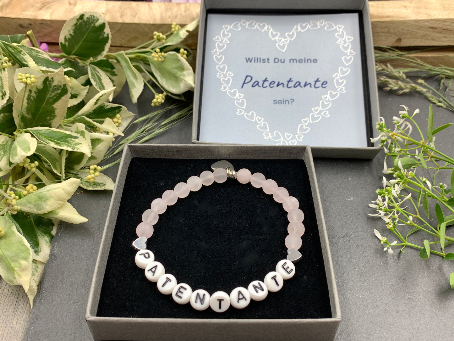 Armband Patentante Rosenquarz mit Herz - Geschenk Patin Taufe Andenken Taufe Taufgeschenk Perlenarmband Patenschaft - personalisierbar