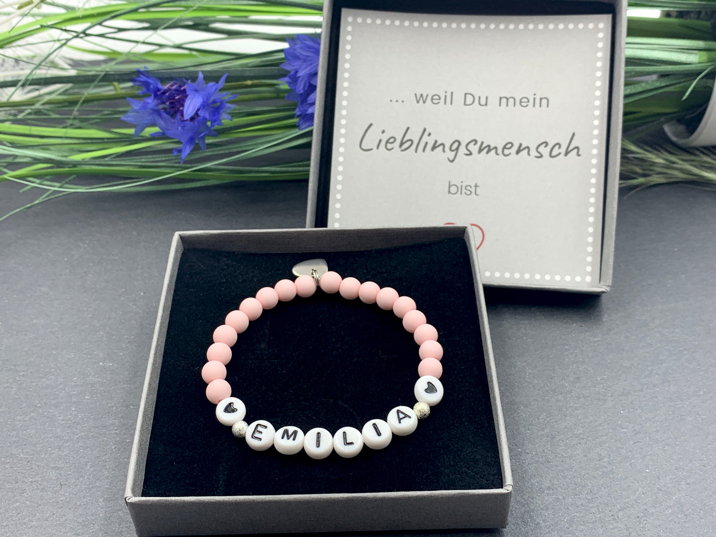 Armband Name Emilia rosa, Geschenk Liebe, Acrylarmband, Geschenk für Mama