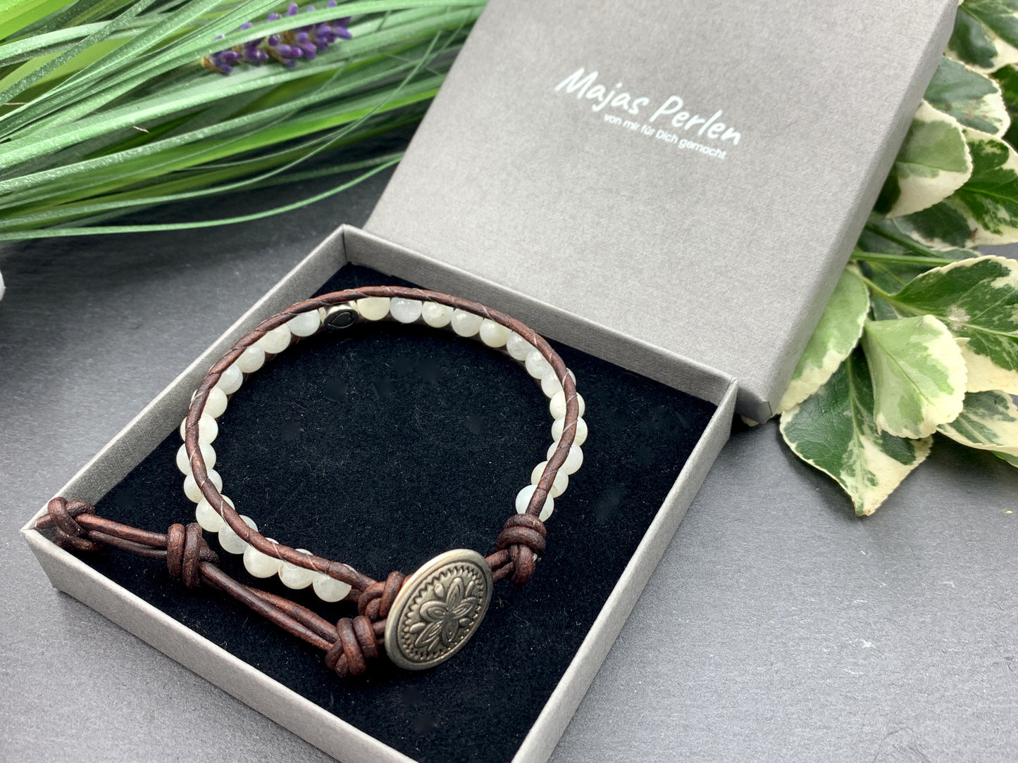 Bohoarmband Mondstein mit Herz - Geburtsstein Juni - Lieblingsarmband - gewickeltes Perlenarmband - Vintage Style Boho - Lieblingsarmband - Handmade personalisierbar